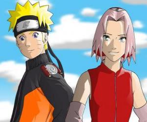 yapboz Ana karakterler Naruto Uzumaki ve Sakura Haruno gülümseyen